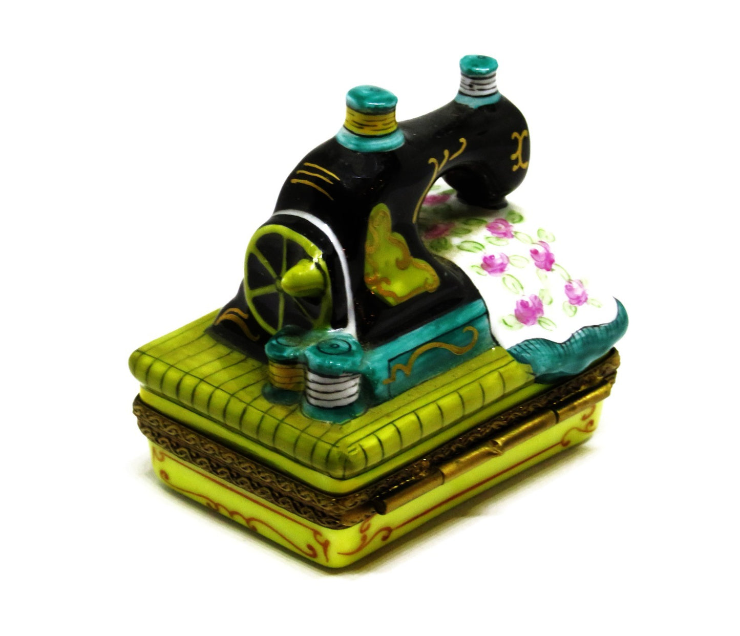 LIMOGES FRANCE BOX - ANTIQUE SEWING MACHINE & ROSE FABRIC -SCISSORS & THREAD- LE
