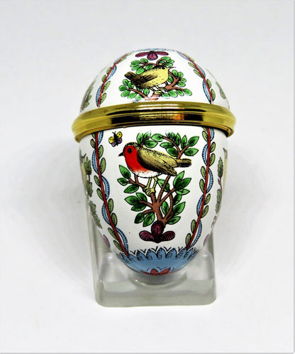 HALCYON DAYS ENAMEL BOX - EGG WITH ROBINS & SPARROWS - BIRDS - BUTTERFLY - MIB