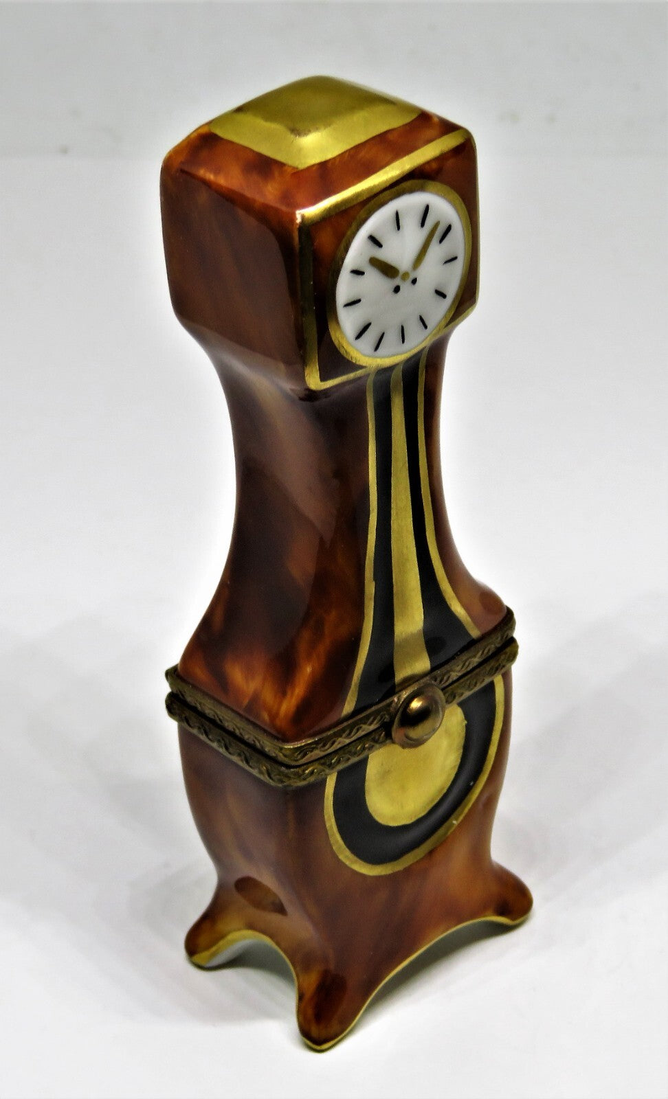 LIMOGES FRANCE BOX - PARRY-VIEILLE - 'WOODEN' GRANDFATHER CLOCK & GOLD PENDULUM