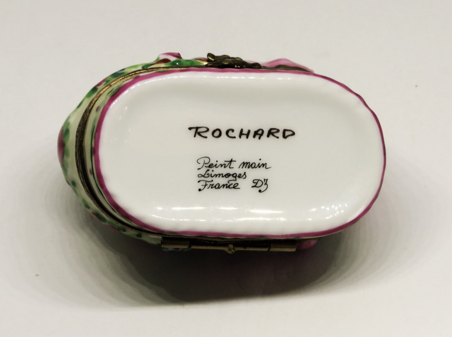 LIMOGES FRANCE BOX - ROCHARD - BABY GIRL IN A BASKET - ROSES & BOW & HEART - BIB