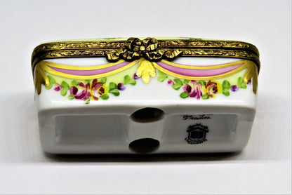 LIMOGES FRANCE BOX - FLORAL STAMP BOX - FLOWERS - ROSES - RIBBONS & TASSELS