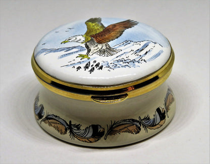 STAFFORDSHIRE ENGLISH ENAMEL BOX - AMERICAN BALD EAGLE - NATIONAL BIRD OF U. S.