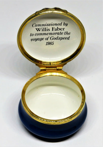 HALCYON DAYS ENAMEL BOX -GODSPEED ANTIQUE SAILING SHIP- JAMESTOWN VIRGINIA 1607
