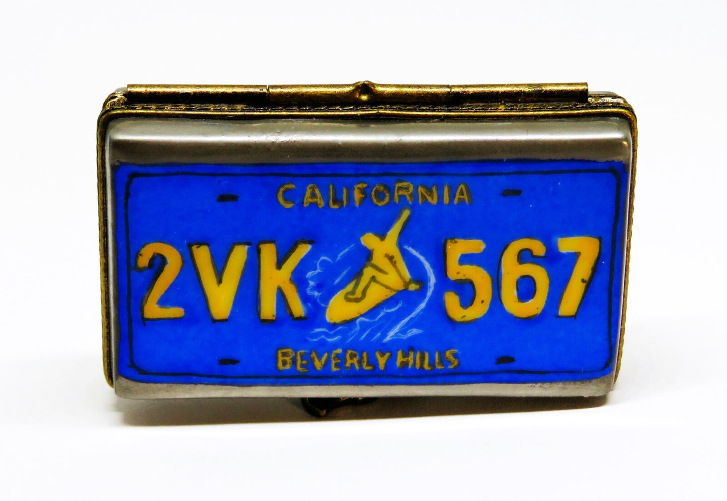 LIMOGES FRANCE BOX~ CALIFORNIA LICENSE PLATE ~ MAN ON A SURFBOARD ~ GOLDEN STATE