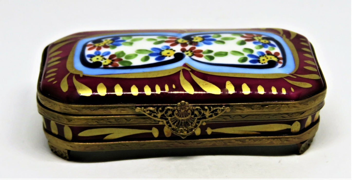 LIMOGES FRANCE BOX - EXIMIOUS - CLASSIC BURGUNDY FLORAL & METAL STAND - FLOWERS