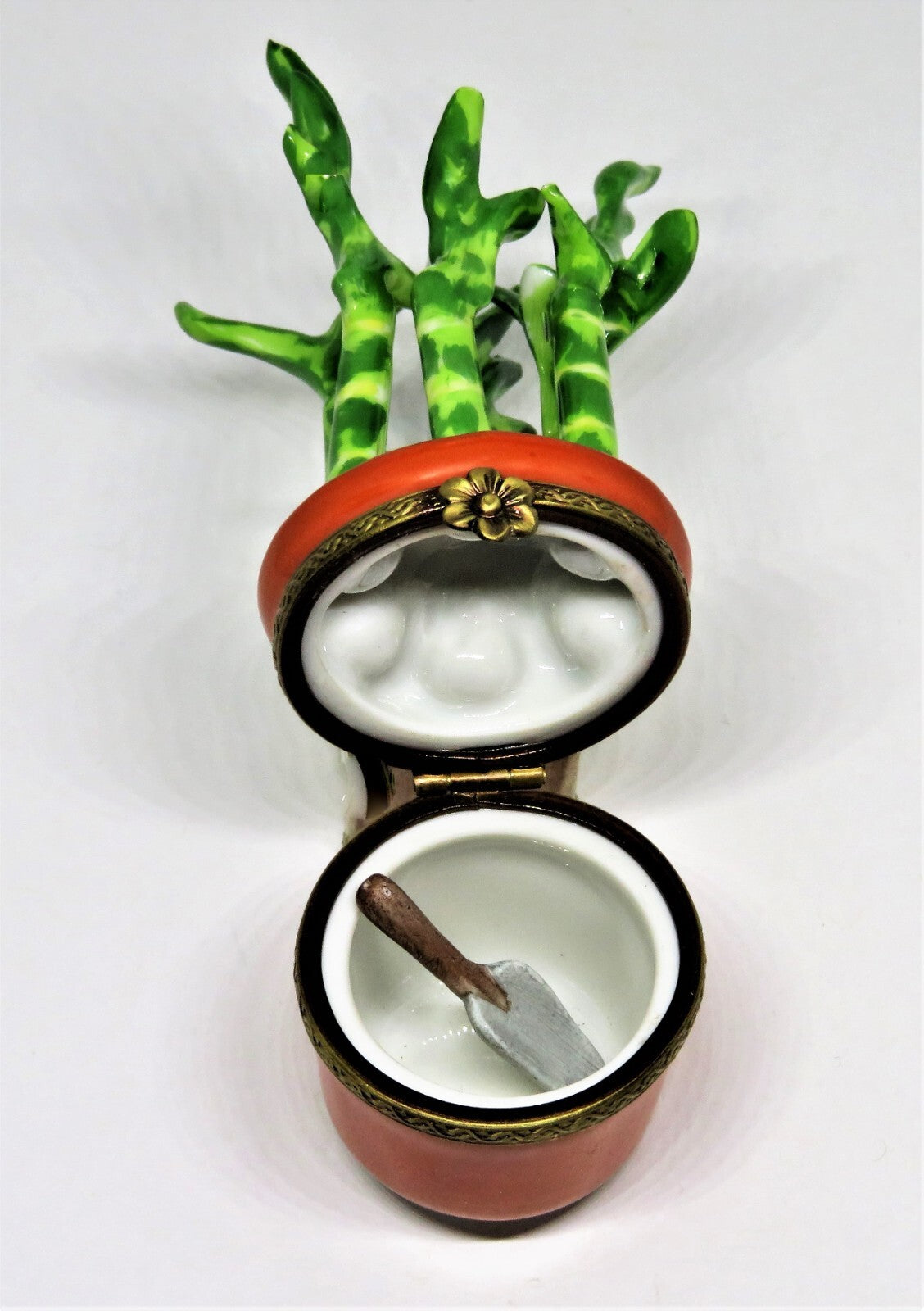 LIMOGES FRANCE BOX - ROCHARD - LUCKY BAMBOO PLANT  & PORCELAIN GARDENING TOOL