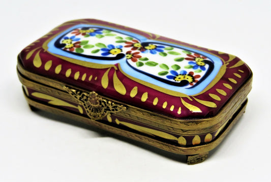 LIMOGES FRANCE BOX - EXIMIOUS - CLASSIC BURGUNDY FLORAL & METAL STAND - FLOWERS