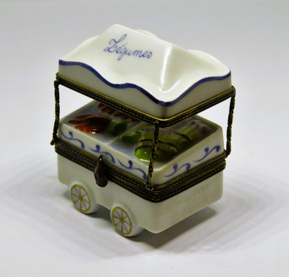 LIMOGES BOX ~ OUTDOOR VEGETABLE STAND ~ PUSHCART & AWNING ~ LEGUMES ~ PEINT MAIN