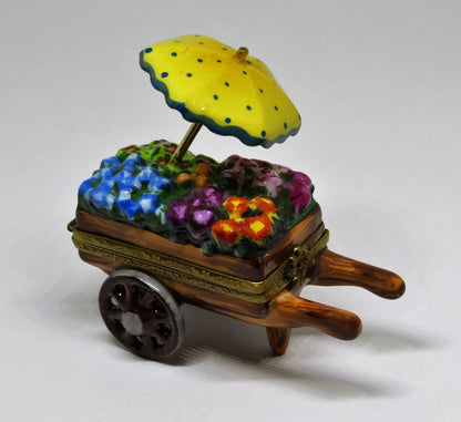 LIMOGES FRANCE BOX ~ ELDA ~ FLOWER CART & UMBRELLA ~ LE 34/50 ~ PEINT MAIN