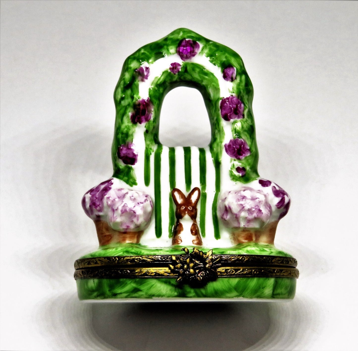 LIMOGES FRANCE BOX - EASTER BUNNY & ARBOR OF PINK FLOWERS & GARDEN GATE - RABBIT