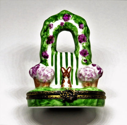 LIMOGES FRANCE BOX - EASTER BUNNY & ARBOR OF PINK FLOWERS & GARDEN GATE - RABBIT