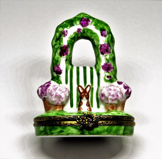 LIMOGES FRANCE BOX - EASTER BUNNY & ARBOR OF PINK FLOWERS & GARDEN GATE - RABBIT
