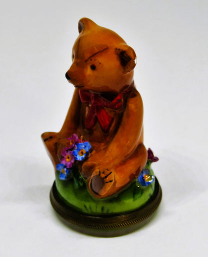 STAFFORDSHIRE ENGLISH ENAMEL BOX - TEDDY BEAR BONBONNIERE - 3D FLOWERS - MIB