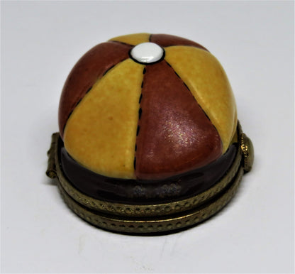LIMOGES FRANCE BOX~ MAN'S  CAP ~ HAT ~ WALKING STICK & GLOVES INSIDE ~PEINT MAIN