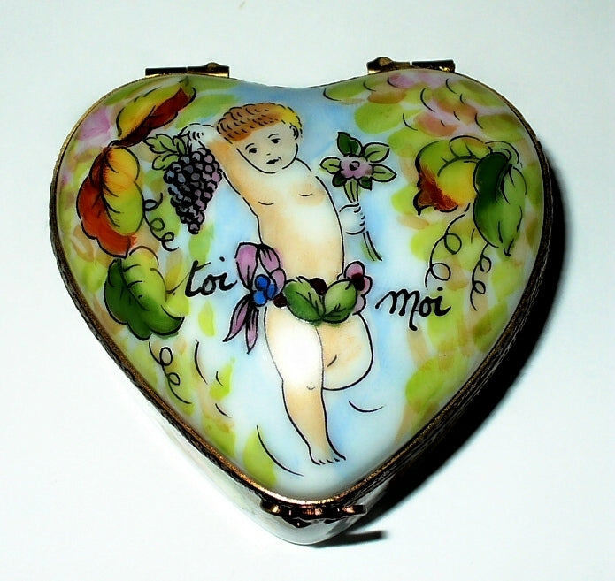LIMOGES BOX - CUPID HEART - FLOWERS & GRAPES - "YOU & ME" - LOVE - ANNIVERSARY