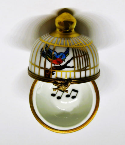 LIMOGES FRANCE BOX ~ EXIMIOUS ~ SONG BIRDS IN A ROUND CAGE ~ MUSICAL NOTES