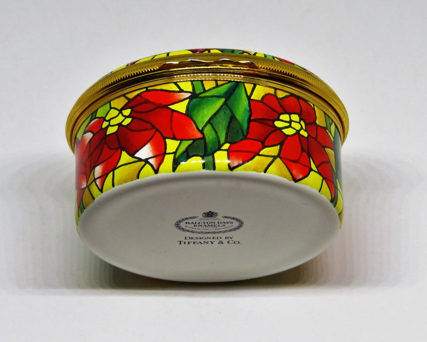 HALCYON DAYS ENAMEL BOX - TIFFANY & CO. - CHRISTMAS - STAINED GLASS POINSETTIAS