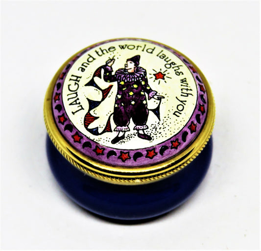 STAFFORDSHIRE ENAMELS BOX - "LAUGH AND THE WORLD LAUGHS WITH YOU" - CLOWN - MIME