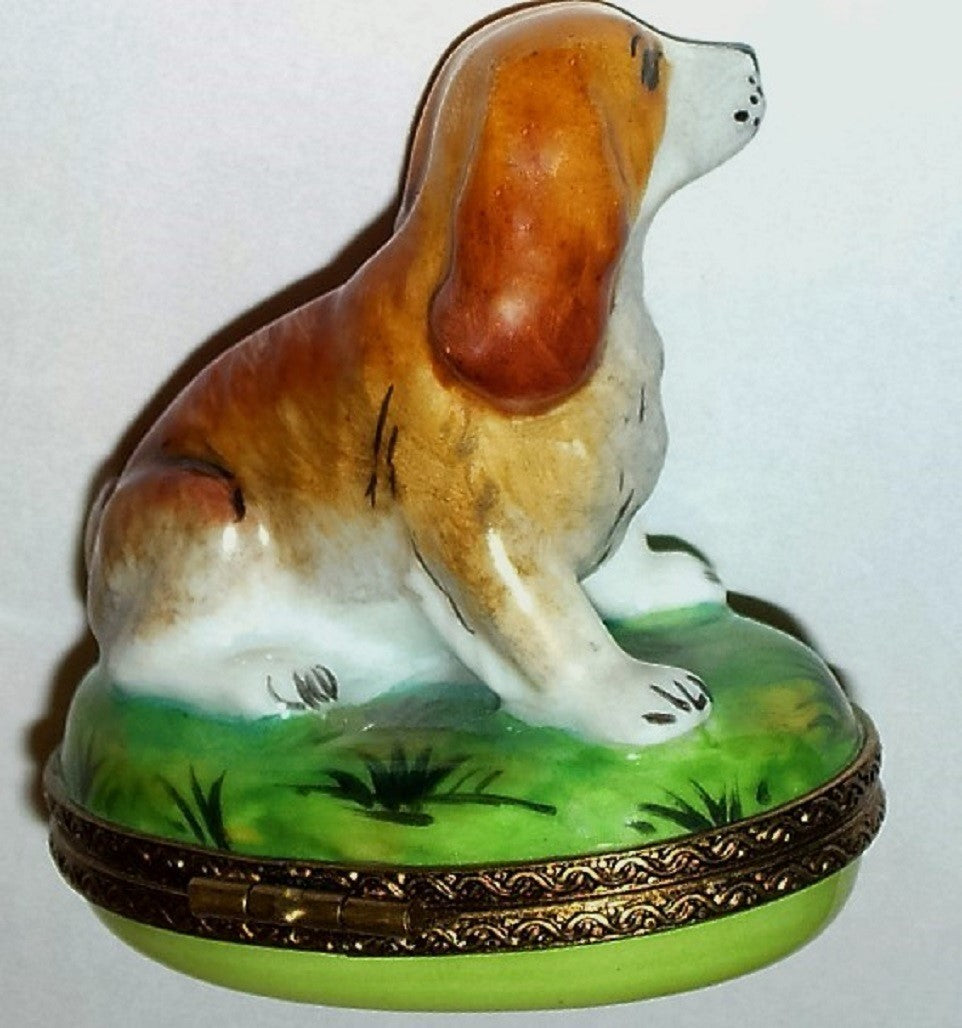 LIMOGES FRANCE BOX - PARRY-VIEILLE - COCKER SPANIEL - PUPPY - DOG HOUSE INSIDE