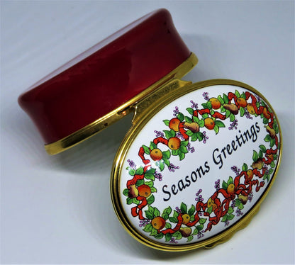 HALCYON DAYS ENAMEL BOX - "SEASONS GREETINGS" - CHRISTMAS WREATH - MISTLETOE