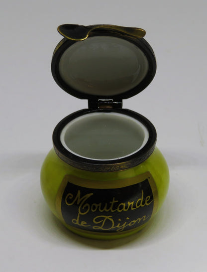 LIMOGES FRANCE BOX ~ EXIMIOUS ~ JAR OF DIJON FRENCH MUSTARD & SPOON ~ PEINT MAIN