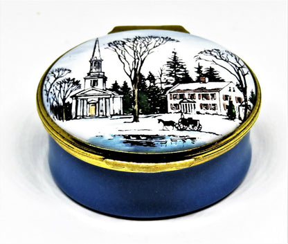 CRUMMLES ENAMEL BOX - CAPE COD - SANDWICH, MA -QUAINT SNOWY WINTER VILLAGE SCENE