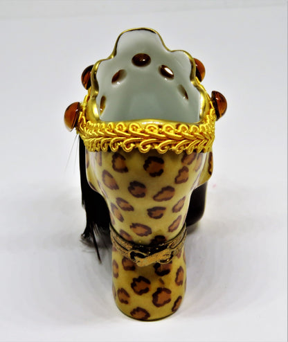 LIMOGES 2 BOX SET- EXOTIC LEOPARD PRINT HAT & SHOE - BRAID & FEATHERS & CRYSTALS