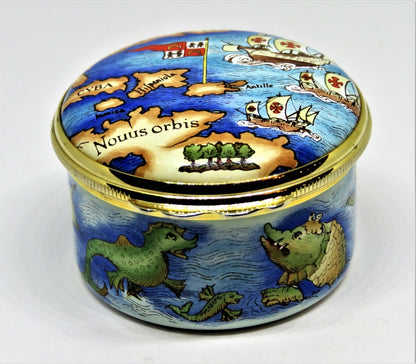 HALCYON DAYS ENAMEL BOX -TIFFANY & CO.- MAP & CHRISTOPHER COLUMBUS SAILING SHIPS