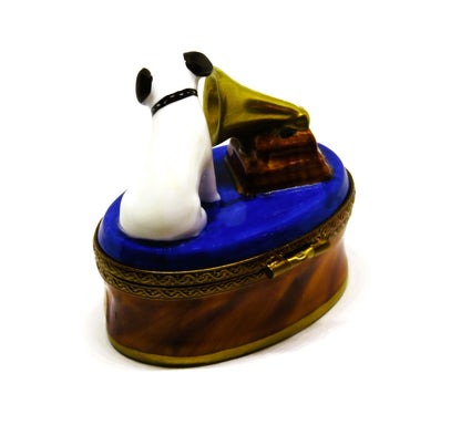 LIMOGES BOX - TERRIER - DOG & GRAMOPHONE - PUPPY - "HIS MASTER'S VOICE" - NIPPER