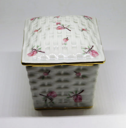 LIMOGES FRANCE TWO PIECE BOX ~ 'WOVEN WICKER' WITH PINK FLOWERS & BUDS