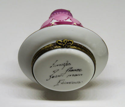 LIMOGES BOX ~ WEDDING CAKE ON A GOLD PLATE ~ROSE FLOWER & GOLD RINGS~ PEINT MAIN