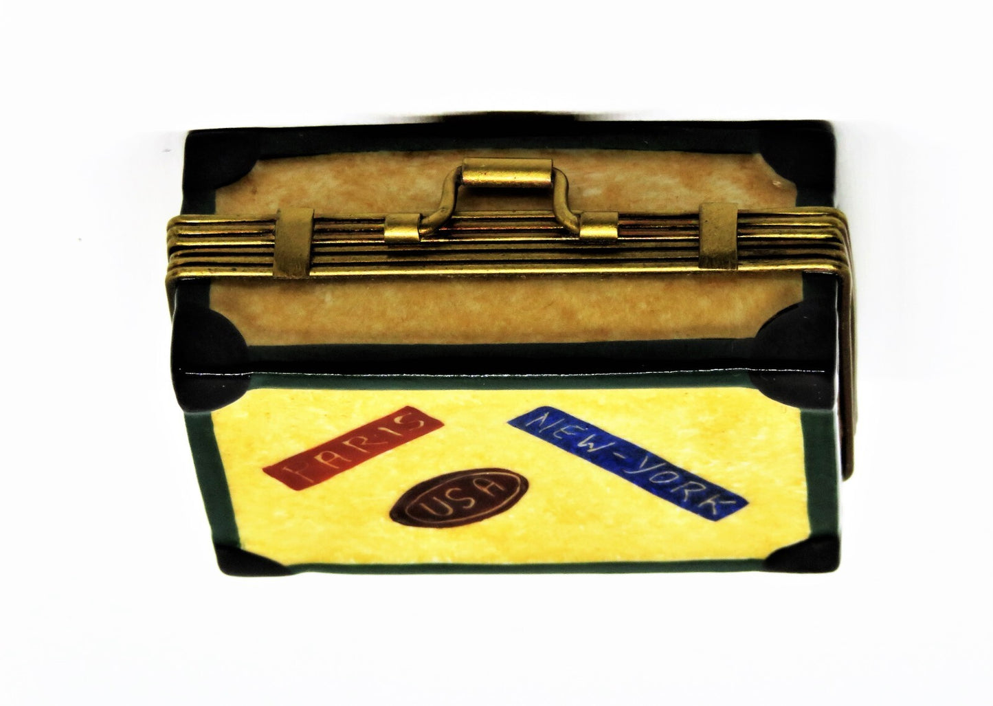 LIMOGES FRANCE BOX ~ ROCHARD ~ "BON VOYAGE" SUITCASE ~ LUGGAGE ~ TRAVEL LABELS