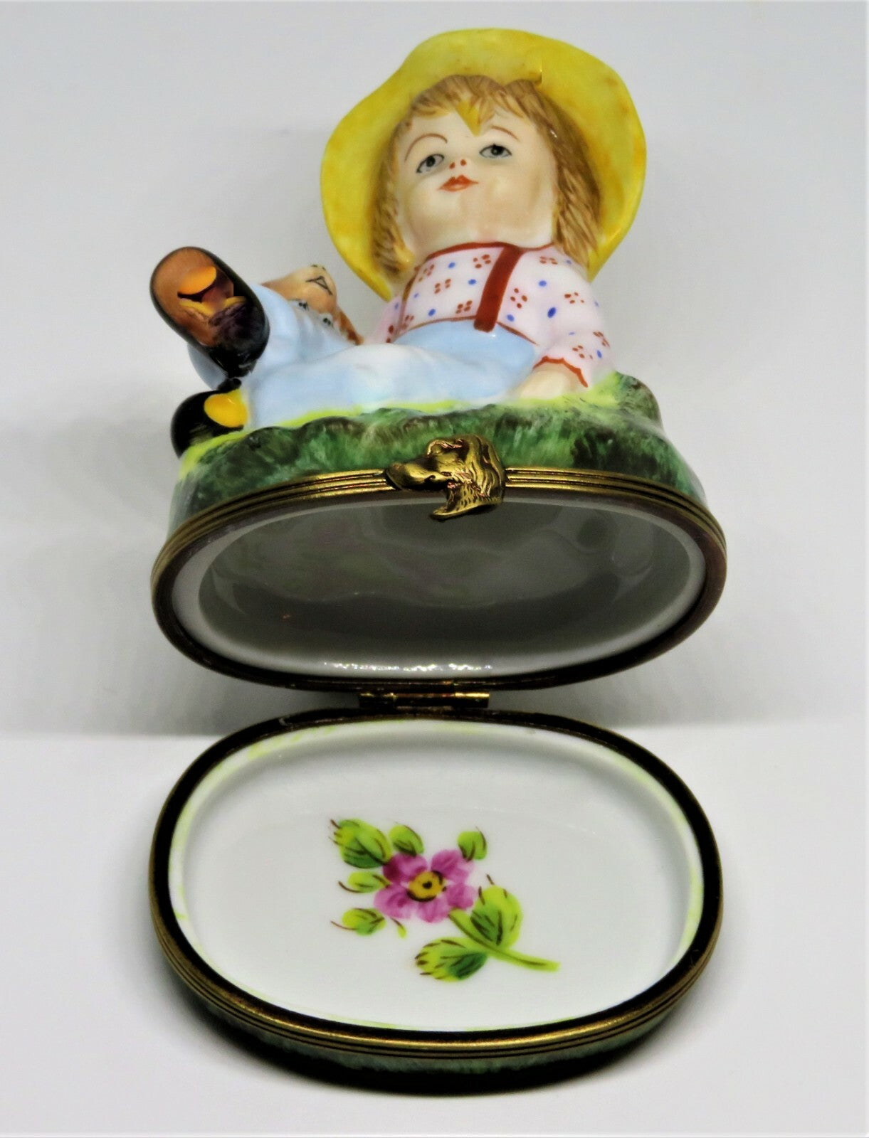 LIMOGES FRANCE BOX - CHAMART - FARM CHILD & DOG - PUPPY - PINK FLOWER INSIDE