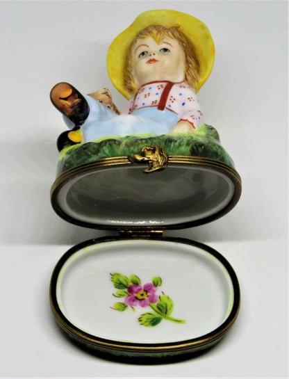 LIMOGES FRANCE BOX - CHAMART - FARM CHILD & DOG - PUPPY - PINK FLOWER INSIDE