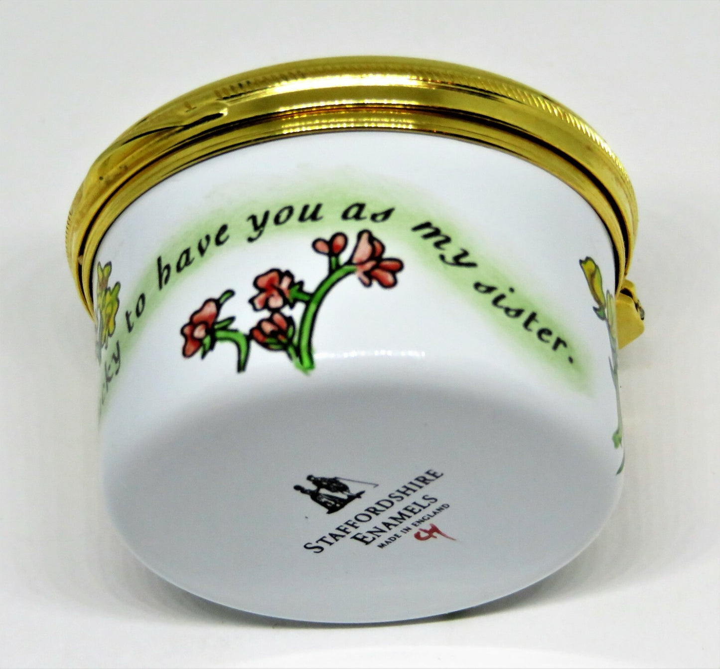 STAFFORDSHIRE ENGLISH ENAMEL BOX - "MY SISTER MY FRIEND" - FLOWERS