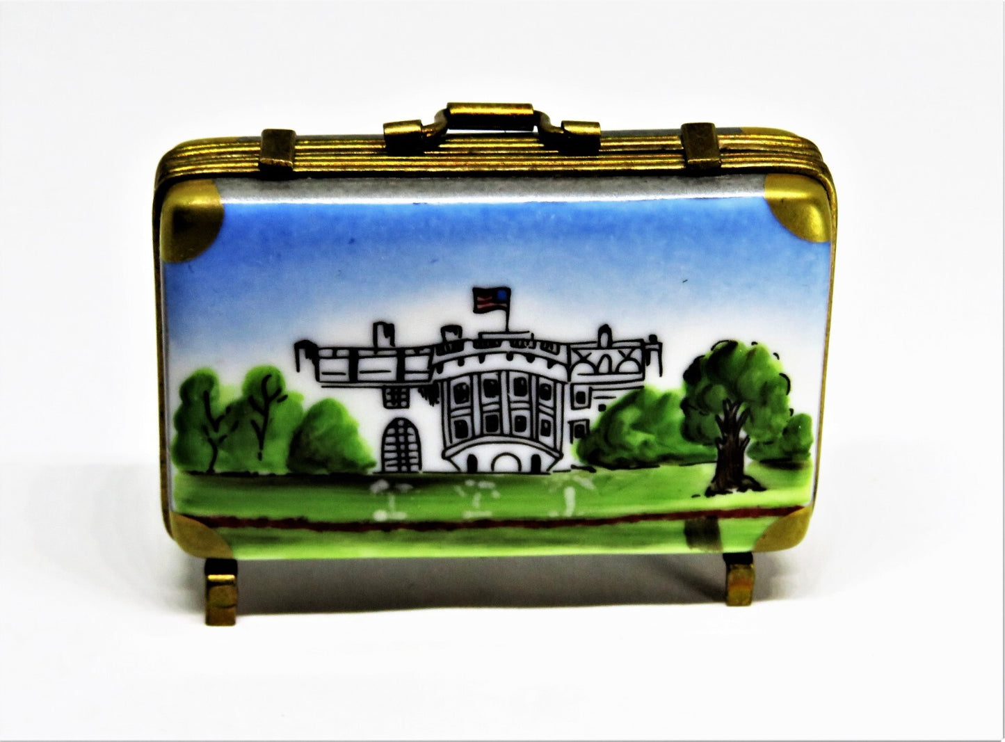 LIMOGES BOX - ROCHARD - VINTAGE WHITE HOUSE SUITCASE/ATTACHE CASE - EAGLE & FLAG