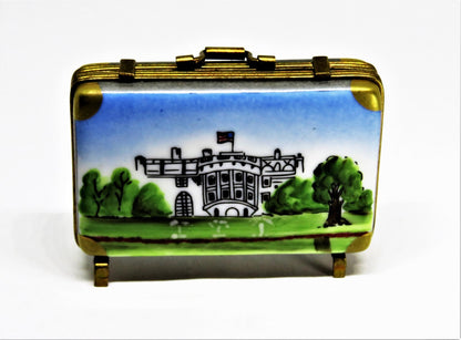 LIMOGES BOX - ROCHARD - VINTAGE WHITE HOUSE SUITCASE/ATTACHE CASE - EAGLE & FLAG