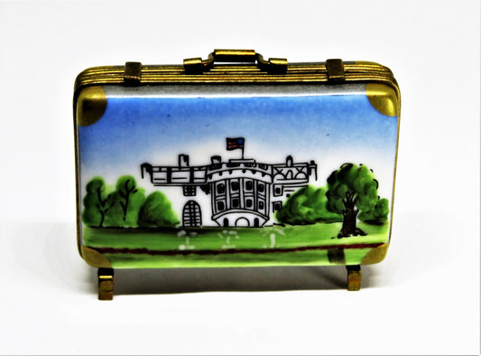 LIMOGES BOX - ROCHARD - VINTAGE WHITE HOUSE SUITCASE/ATTACHE CASE - EAGLE & FLAG
