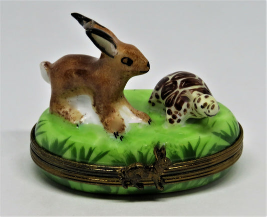 LIMOGES BOX - HARE & TORTOISE RACE - RABBIT & TURTLE -  BUNNY - AESOP'S FABLES