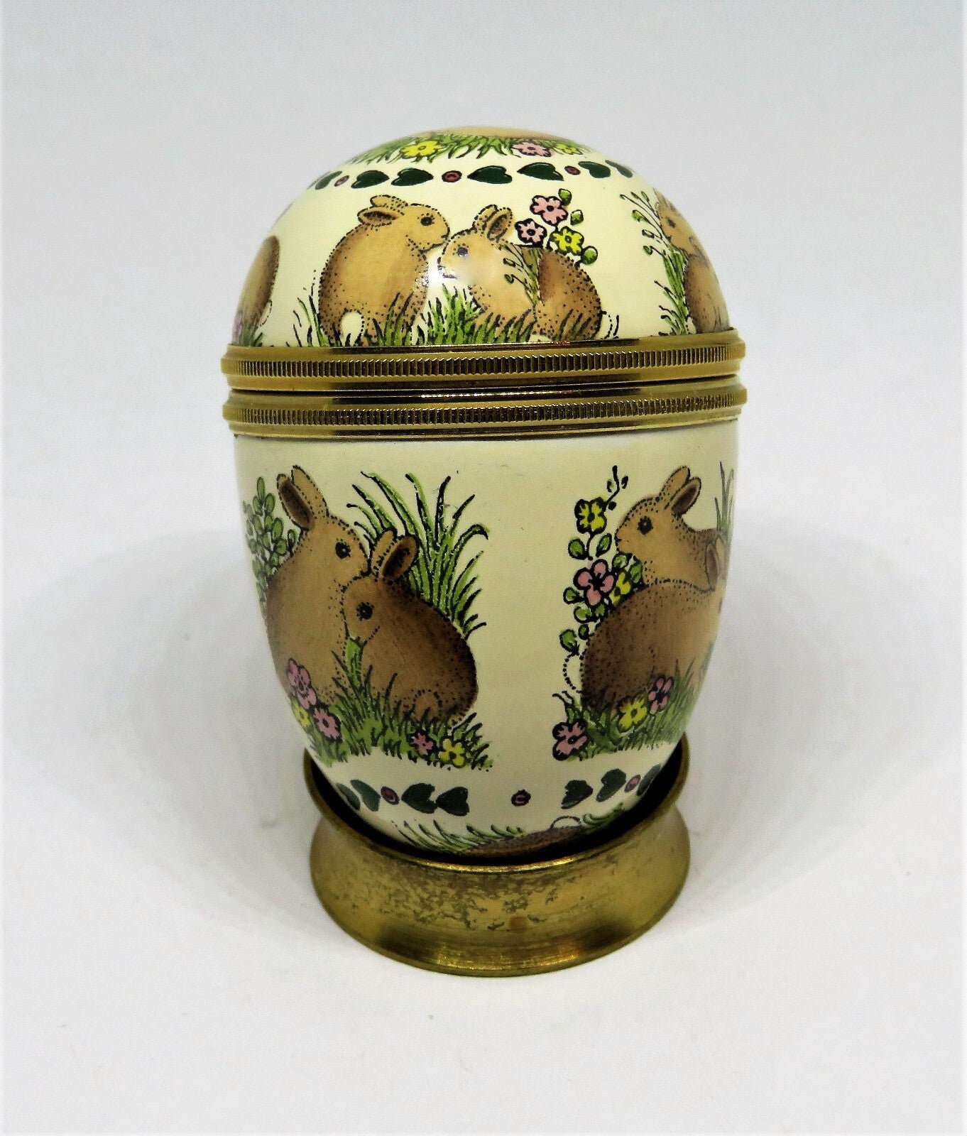 HALCYON DAYS ENAMEL BOX - VINTAGE EASTER BUNNY EGG & STAND - RABBITS & FLOWERS
