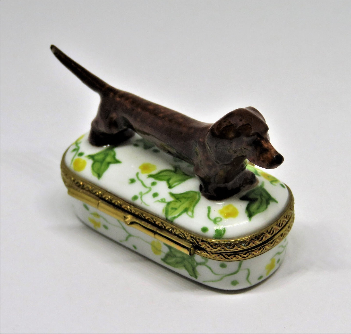 LIMOGES FRANCE - BROWN DACHSHUND DOG & PIN SHAPED BOX - LEAVES & FLOWERS - PUPPY