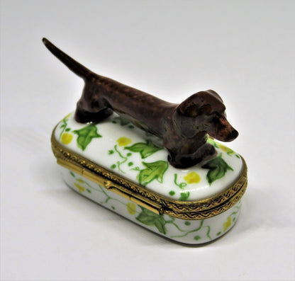 LIMOGES FRANCE - BROWN DACHSHUND DOG & PIN SHAPED BOX - LEAVES & FLOWERS - PUPPY