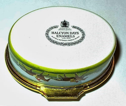 HALCYON DAYS ENAMEL BOX - ROYAL ENCLOSURE AT ASCOT RACES - EDWARDIAN TIMES - MIB