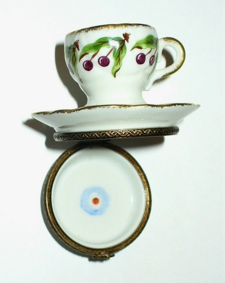 LIMOGES FRANCE BOX ~ PV ~ CHERRY DESIGN TEA CUP & SAUCER ~ FRUITS ~ PEINT MAIN