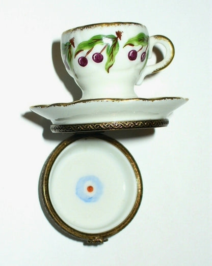 LIMOGES FRANCE BOX ~ PV ~ CHERRY DESIGN TEA CUP & SAUCER ~ FRUITS ~ PEINT MAIN