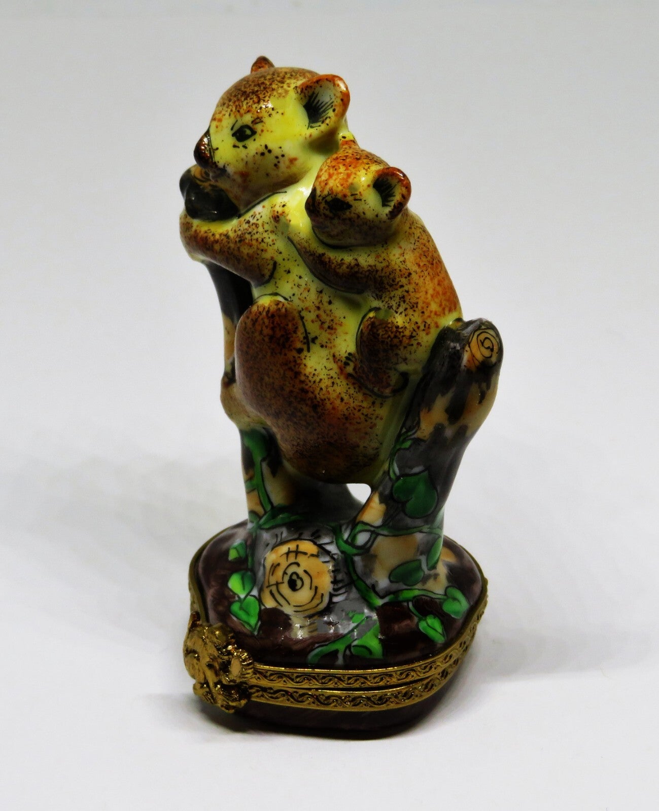 LIMOGES FRANCE BOX- RMC - MOTHER KOALA & BABY ON TREE STUMPS - EUCALYPTUS LEAVES