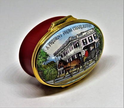 HALCYON DAYS ENAMEL BOX- "A PRESENT FROM CHARLESTON" SC - HORSE & CARRIAGE - MIB