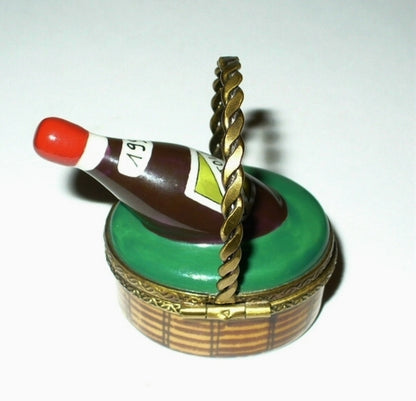 LIMOGES FRANCE BOX ~ PV ~ 1996 BEAUJOLAIS WINE BOTTLE & BASKET ~ PEINT MAIN