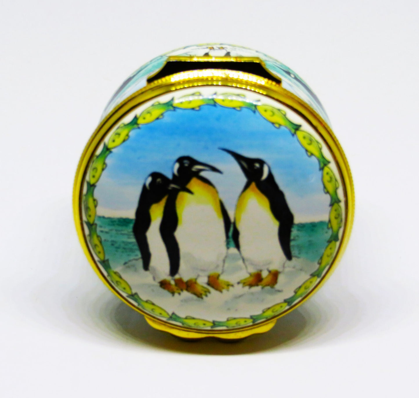 HALCYON DAYS ENGLISH ENAMEL BOX - EMPEROR PENGUINS - BIRDS - FISH - ANTARCTICA