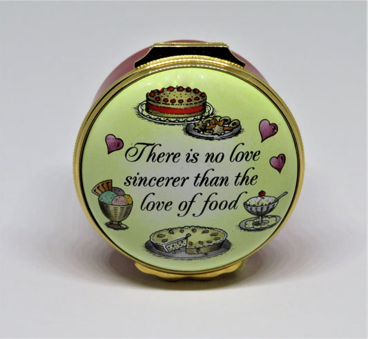HALCYON DAYS ENAMEL BOX - "LOVE OF FOOD" -DESSERTS- GEORGE BERNARD SHAW - GUMP'S